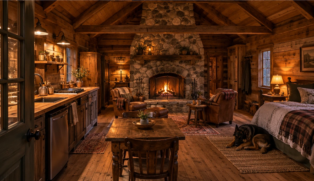 Concept of a timber cabin interior with a large stone hearth
